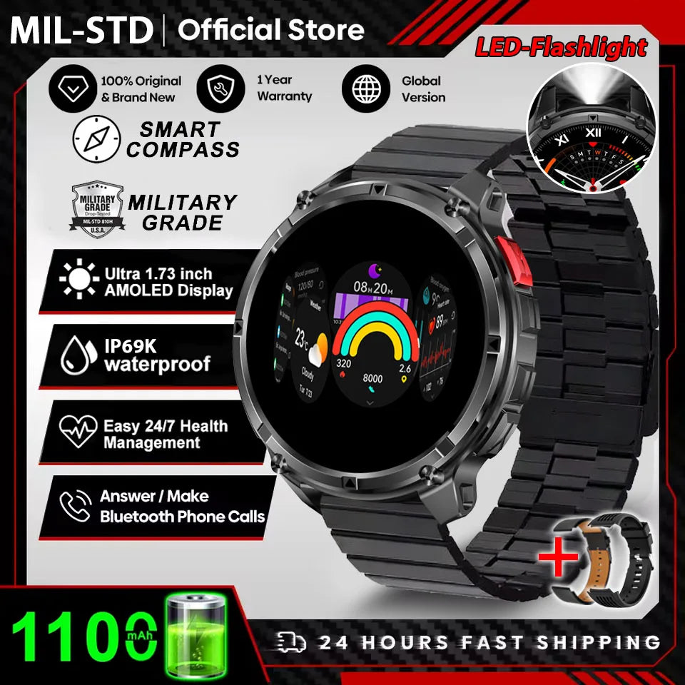 Reloj Inteligente AMOLED 1100mAh con Linterna LED, IP69 y Llamadas Bluetooth
