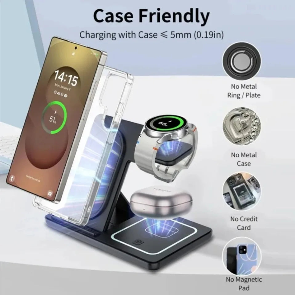 Cargador Inalámbrico 3 en 1 Plegable con LED, Estación de Carga Rápida para Samsung S25 S24 S23 Galaxy Watch 2-9 Active Buds Pro