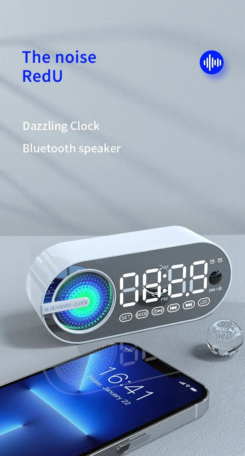 Radio Reloj Despertador Recargable USB, Altavoz Bluetooth Portátil RGB, FM, Pantalla Grande, Silencioso, Espejo Digital, para Dormitorio, Oficina, Escritorio
