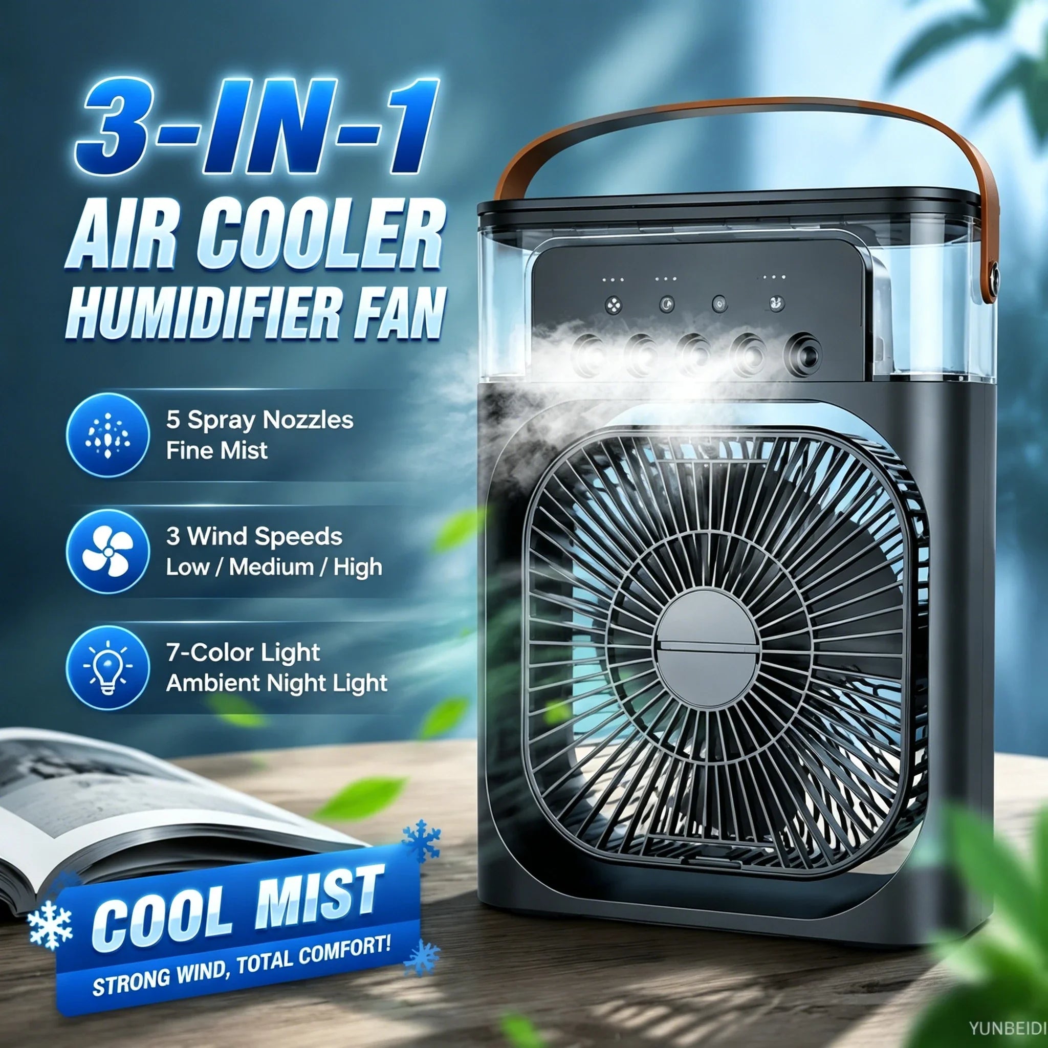 Ventilador 3 en 1 Portátil con Luz LED y Humidificador