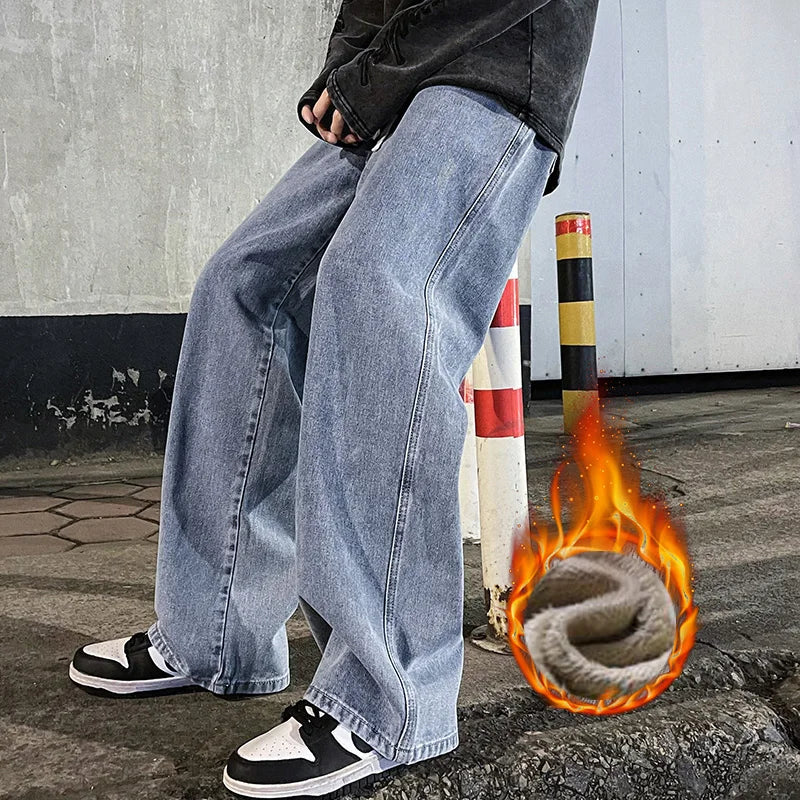 Pantalones Vaqueros Y2K para Hombre, Pierna Ancha, Forro de Terciopelo