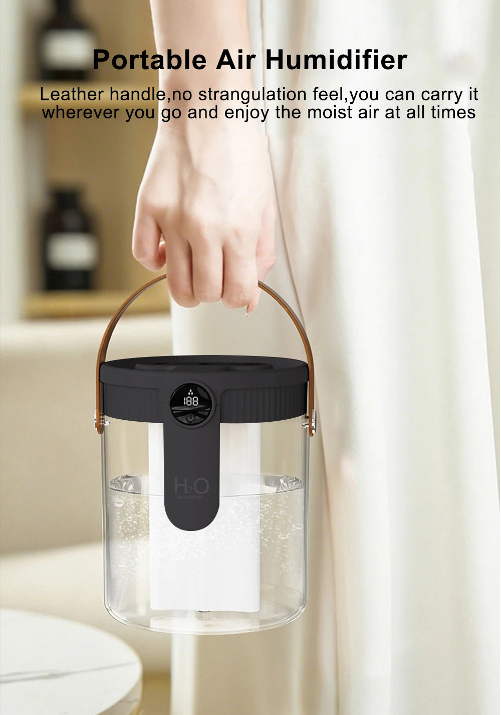 Humidificador de aire de 1,5 l, humidificador doméstico de gran capacidad, generador de niebla silencioso, batería de 1800mAh, humidificador recargable por USB con luz LED