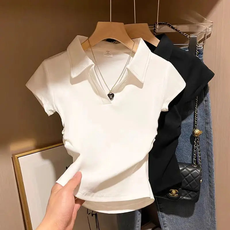 Camiseta Básica Corta Ajustada de Algodón para Mujer
