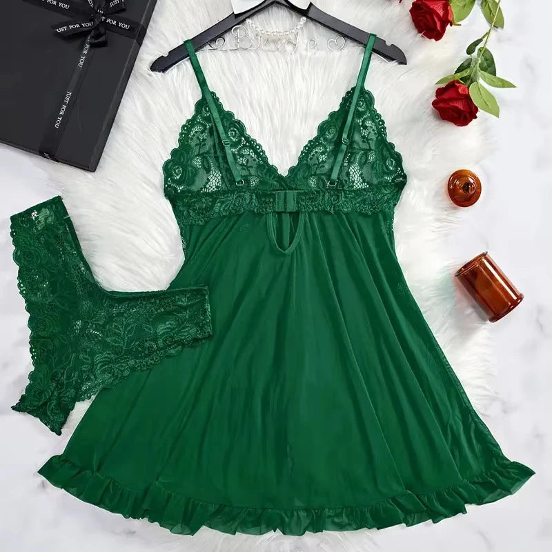 Conjunto de 2 Piezas de Camisón de Encaje para Mujer, Ropa de Dormir Elegante, Nuevo Pijama Verde Nocturno, Camisón Transparente con Abertura, Conjunto de Brasier y Panty con Cuello en V