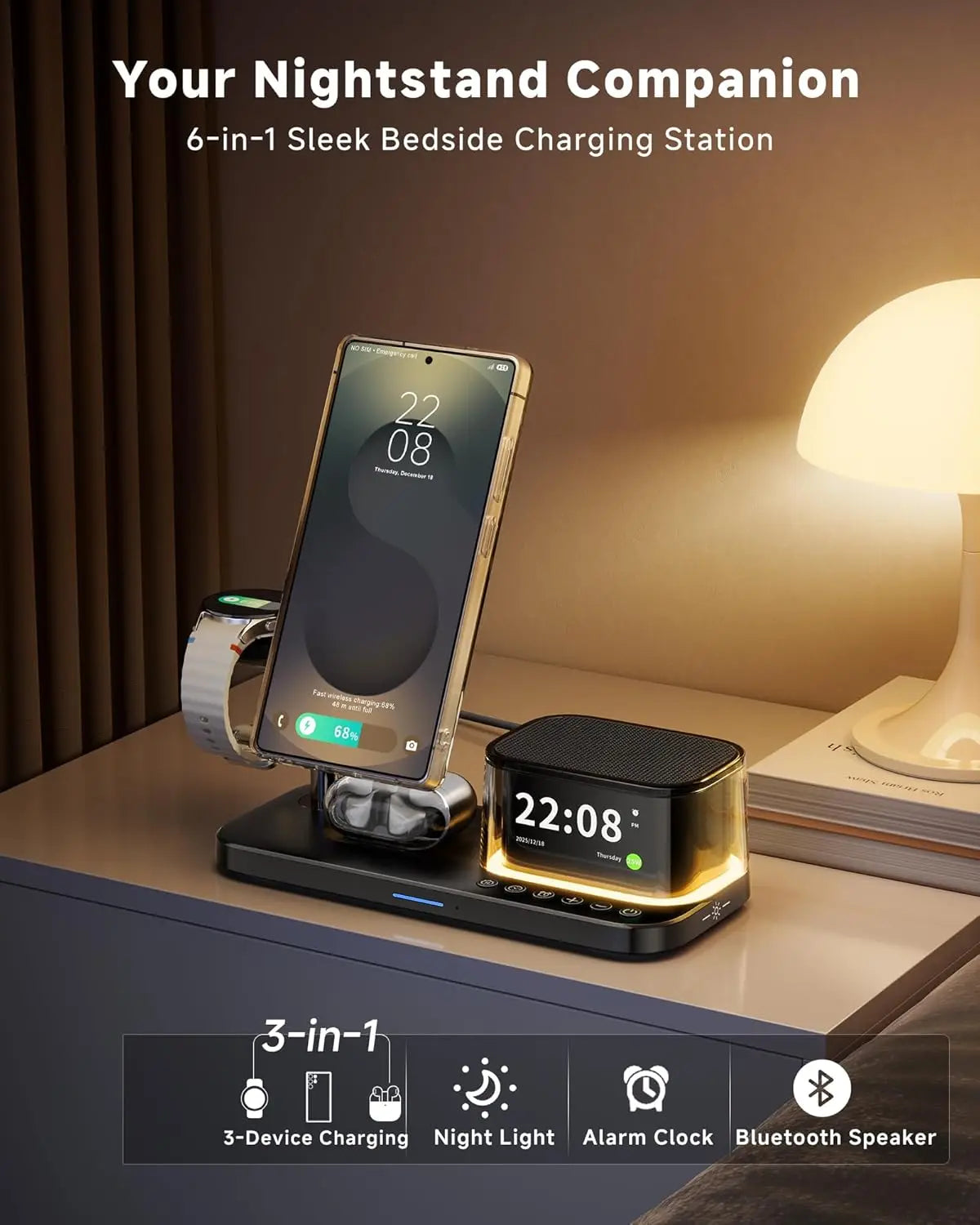 Estación de Carga Inalámbrica Magnética 7 en 1 para iPhone 16~17 Pro Max, Cargador Qi2.2, Altavoz Bluetooth para Apple y Samsung Watch