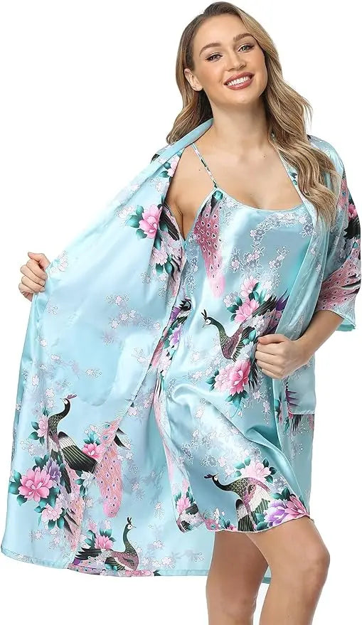 Conjunto de camisón y kimono de satén floral para mujer con camisola, ropa de dormir de 2 piezas, albornoz de pavo real