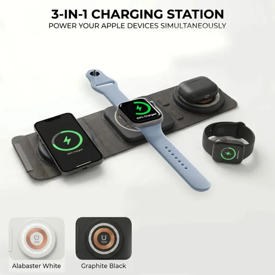 Cargador inalámbrico plegable 3 en 1, base de carga rápida para iPhone, Apple Watch, AirPods Pro, portátil, para viajes, hogar, oficina, uso diario