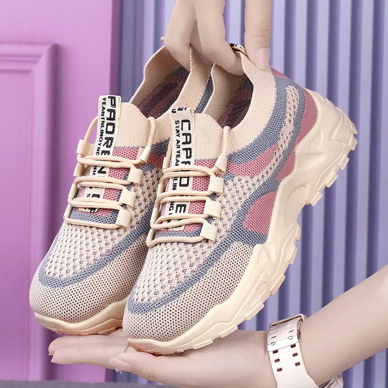 Zapatillas gruesas 2025, zapatos informales para mujer, zapatos deportivos transpirables de malla de aire para primavera y otoño, zapatos para correr de suela blanda para mujer