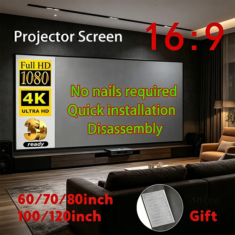 Pantalla de Proyección Portátil Anti-Luz, Fácil de Instalar, para Hogar, Exteriores y Oficina, Pantalla de Proyección Grande de 60-120 Pulgadas