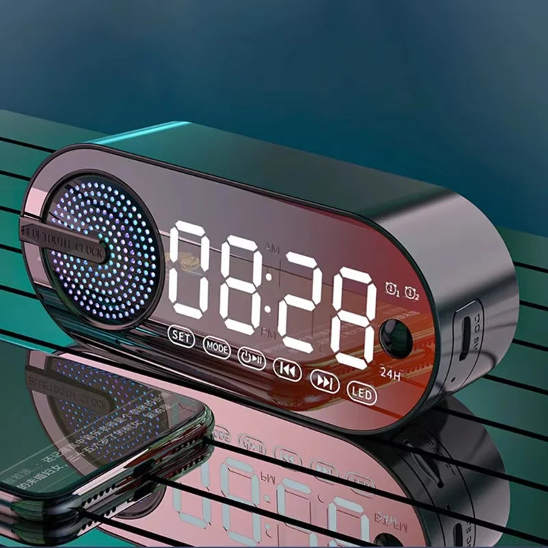 Radio Reloj Despertador Recargable USB, Altavoz Bluetooth Portátil RGB, FM, Pantalla Grande, Silencioso, Espejo Digital, para Dormitorio, Oficina, Escritorio