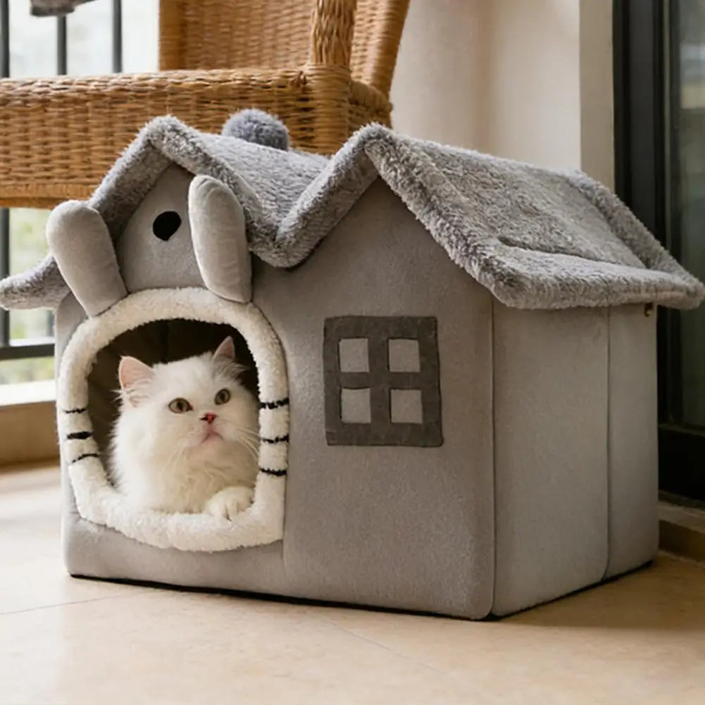 Casa Plegable para Mascotas con Doble Techo y Alfombra Cálida