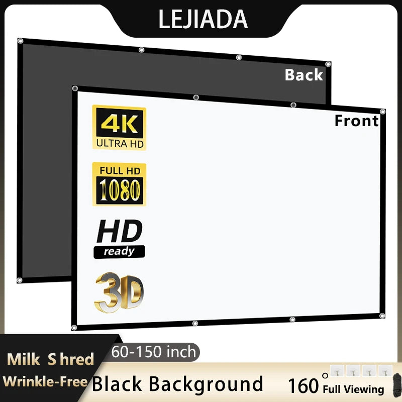 Pantalla de proyector LEJIADA de 60-150 pulgadas, trituración de leche blanca, fondo negro, diseño sin arrugas, pantalla de proyección suave para interiores y exteriores