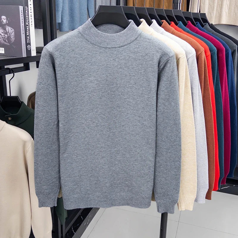 Suéter de punto de medio cuello alto para hombre, jersey de Color sólido con cuello simulado, sudadera informal de Otoño/Invierno, ropa de marca para hombre