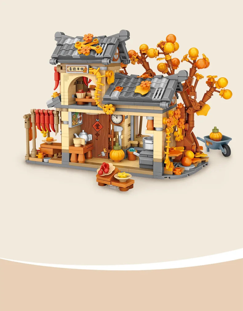LOZ-1379 Bloques de construcción de casa de sol y otoño, conjunto de modelo educativo de casa de madera, juguetes de bloques de construcción para niños, regalos de cumpleaños