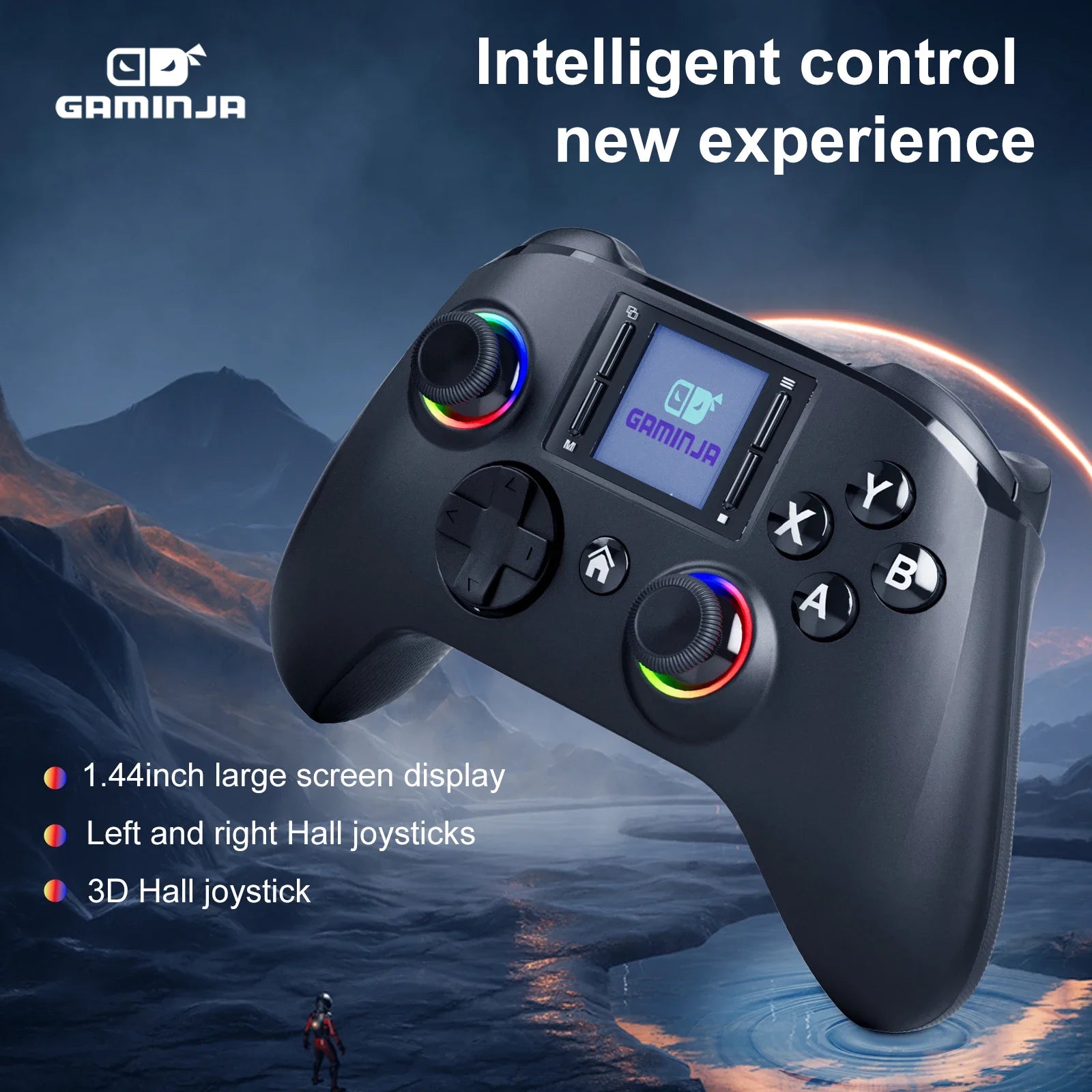 GAMINJA 6162 controlador inalámbrico de pantalla inteligente de 1,44 pulgadas para Switch P4 iOS Android PC TV doble Hall Joystick calibración luz RGB