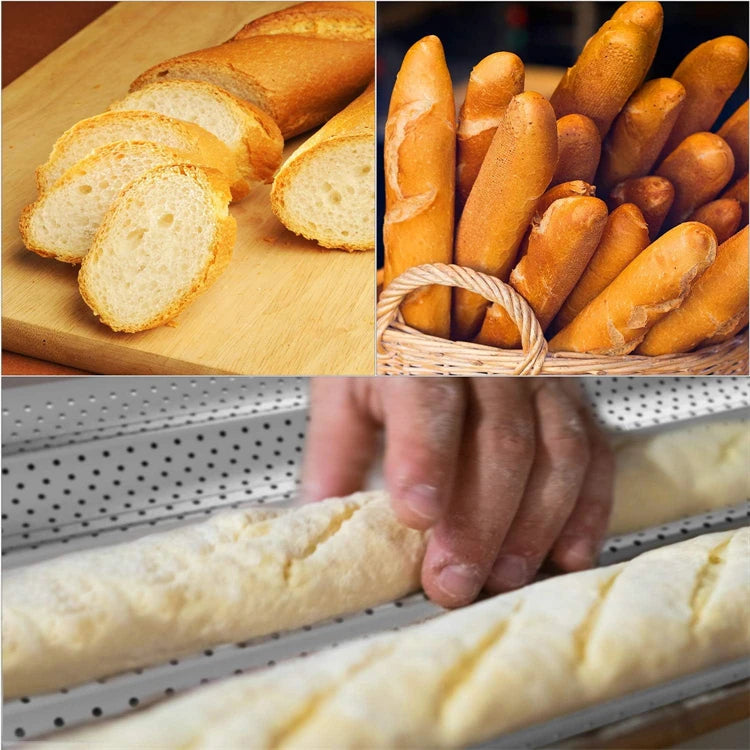 LMETJMA Pan para hornear pan francés perforado antiadherente, sartén Baguette de acero al carbono, pan francés, 4 pan ondulados, molde para hornear pan JT158