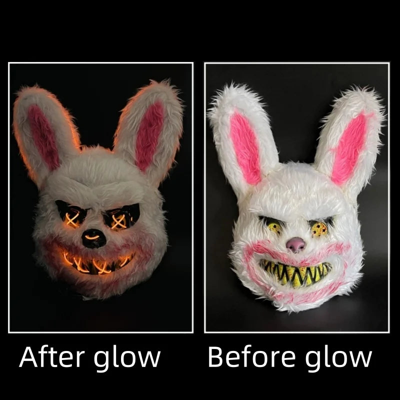 Máscara con brillo LED para Halloween, accesorios de terror, conejo sangriento y oso, simulan la piel, divertido disfraz de Cosplay, decoración de fiesta