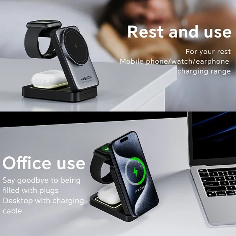 Soporte de Carga Inalámbrico Magnético 3 en 1 Plegable para Magsafe iPhone 16 15 14 13 Apple Watch 2-9 Airpods Pro, Estación de Carga Rápida