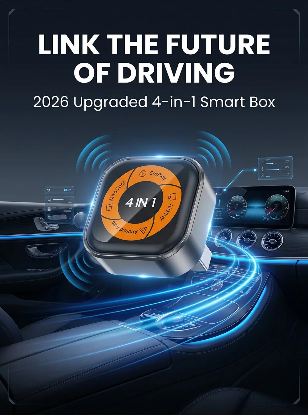 Adaptador Inalámbrico 4 en 1 para Apple CarPlay, Android Auto, AirPlay y MirrorLink, Conexión por Cable a Inalámbrica, USB C Mini, Plug and Play