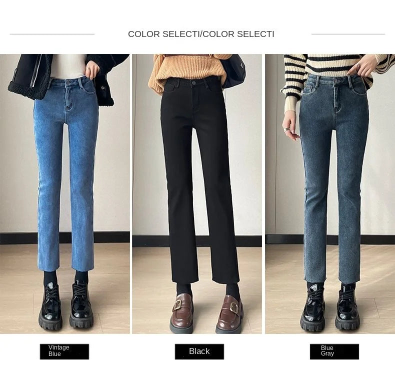 Pantalones Vaqueros Y2K con Forro Polar para Mujer, Cintura Alta, Pierna Recta