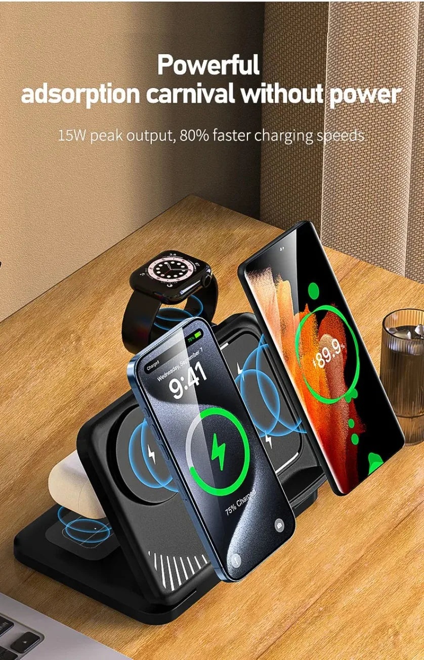 Cargador Inalámbrico 4 en 1 para Dos Teléfonos, Compatible con iPhone 17~12, Samsung S25, Xiaomi, Airpods Pro, Apple Watch 11~2, Carga Rápida Magnética