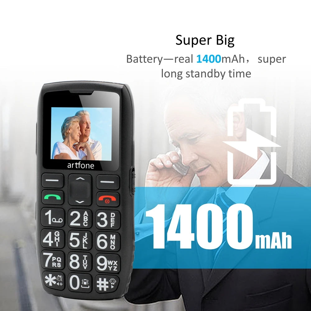 Teléfono móvil para personas mayores Artfone C1+ con base de carga gratuita, teclado grande de goma, para personas mayores, doble SIM, botón SOS, FM, 1400 mAh