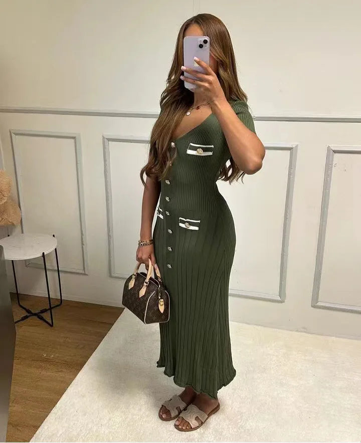 Vestido largo de punto con cuello en V para mujer, suéter elegante de un solo pecho, ropa de calle ceñida al cuerpo, moda de verano, 2024