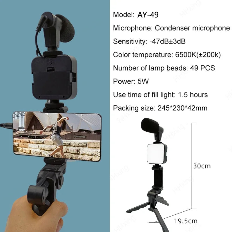 Kit de vlogging para teléfono inteligente con trípode, soporte para teléfono, Mini micrófono, luz de relleno LED, arrancador para TikTok, transmisión en vivo, vídeo, YouTube