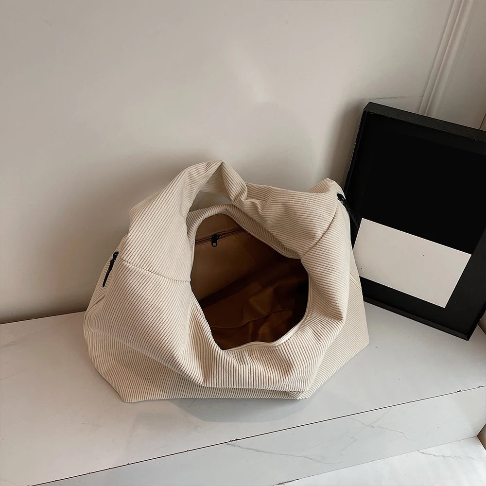 Bolso de Hombro Vintage de Pana, Gran Capacidad con Múltiples Bolsillos