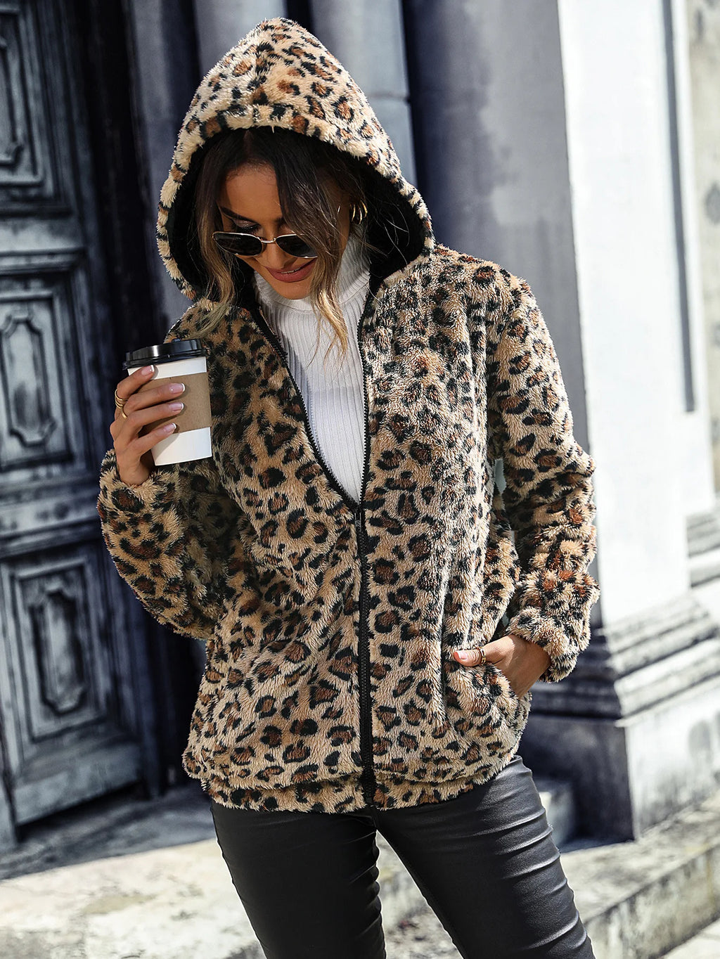 Otoño Invierno mujer moda abrigos con capucha manga larga estampado de leopardo de doble cara de felpa suelta cálida chaqueta gruesa abrigo con cremallera para mujer