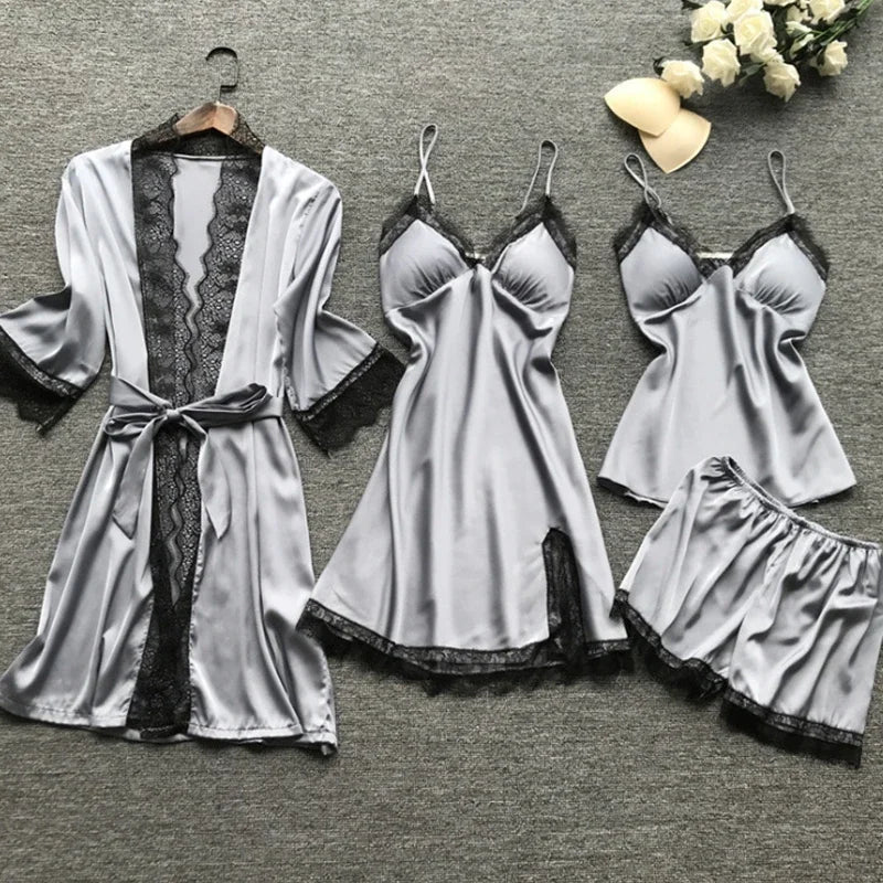 Pijama Set 4 Piezas de Encaje con Escote en V y Almohadillas