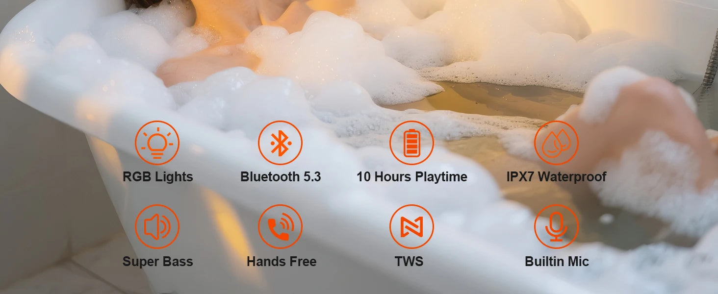 Altavoz Bluetooth resistente al agua IPX7, altavoz de ducha inalámbrico portátil con luces dinámicas, modo TWS, sonido estéreo fuerte, graves robustos