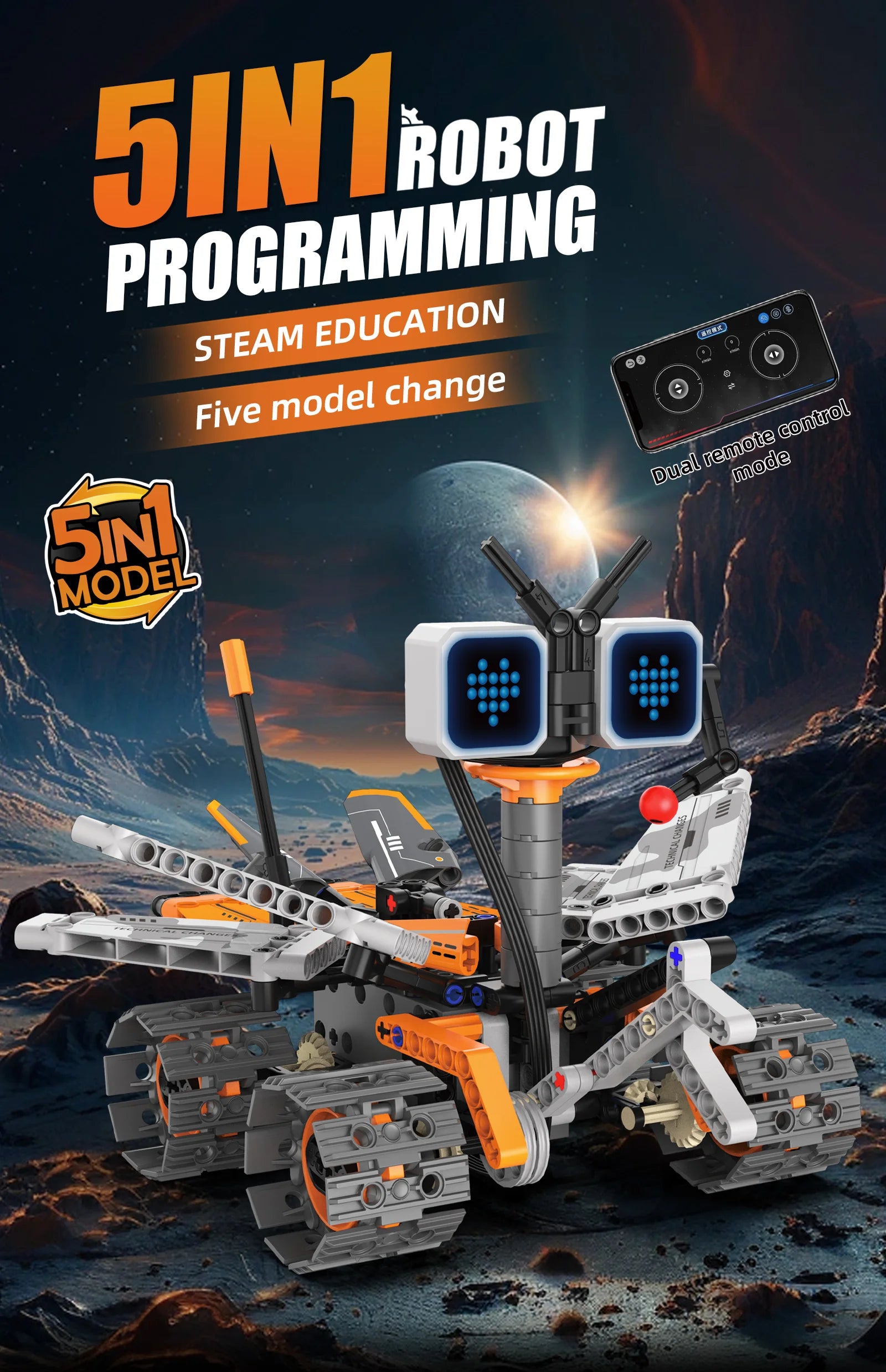 Kit de construcción de robot espacial 5 en 1 con pantalla LED, control remoto de programación Bluetooth: juguete STEM, el regalo de Navidad perfecto