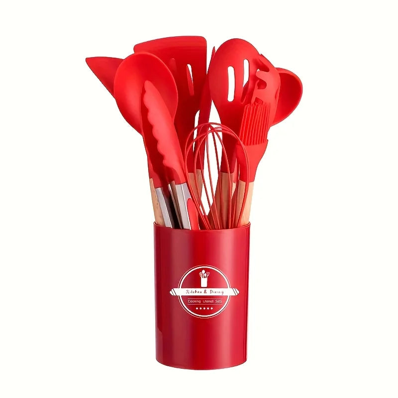 Juego de utensilios de cocina de silicona con mango, olla antiadherente, juego de utensilios de cocina, cubo de almacenamiento, accesorios resistentes, 12 Uds.