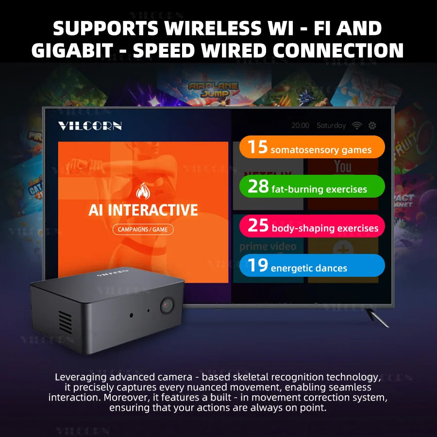 VILCORN AI Juego con detección de movimiento TV Box Procesador octa-core WiFi Sistema de juego activo para niños y familia Consola de juegos somatosensorial