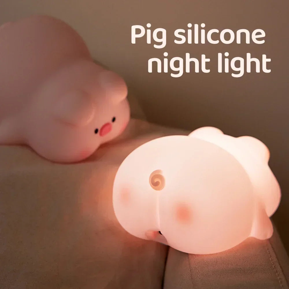Luz nocturna de cerdito rosa, bonita luz nocturna de silicona, lámpara LED Pat, decoración de habitación, carga USB, lámpara de ambiente interior, regalo para niños