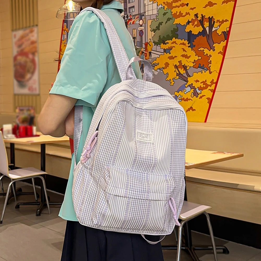 Mochila con Rayas Mixtas, Mochila de Tela Suave, Linda Mochila Escolar en Tonos Pastel para Adolescentes, para el Campus y Uso Diario Informal