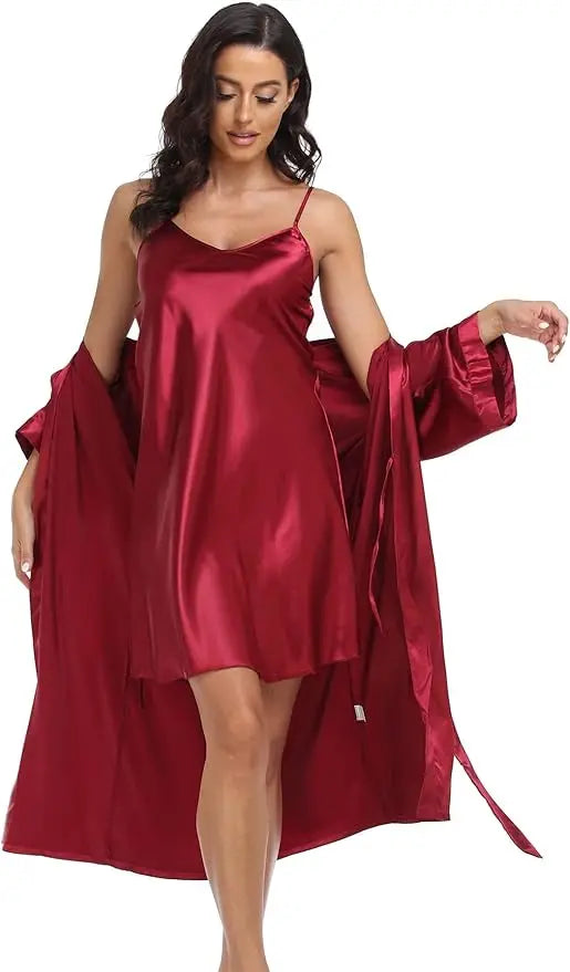 Conjunto de pijamas de seda de lujo para mujer, bata de manga larga, falda holgada cómoda, pijamas para mujer, conjunto de dos piezas