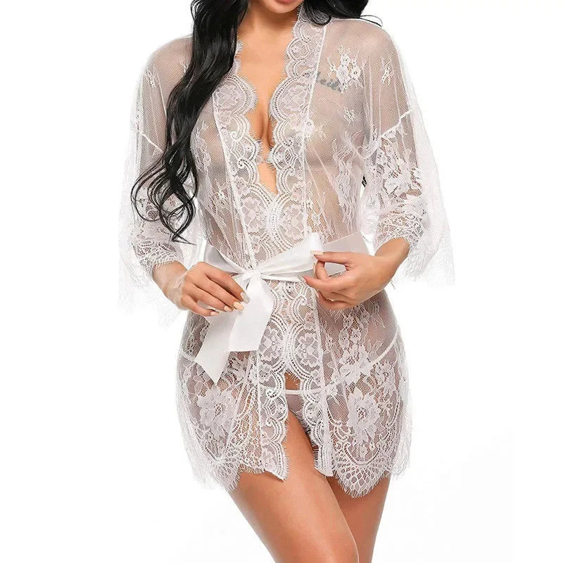 Babydoll Transparente con Cuello en V, Tanga de Encaje para Mujer
