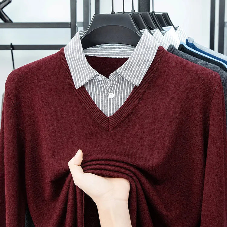 Suéter de punto con cuello de camisa para hombre, azul claro (6 colores), diseño falso de dos capas, estilo informal de negocios    Ajuste elástico y cómodo