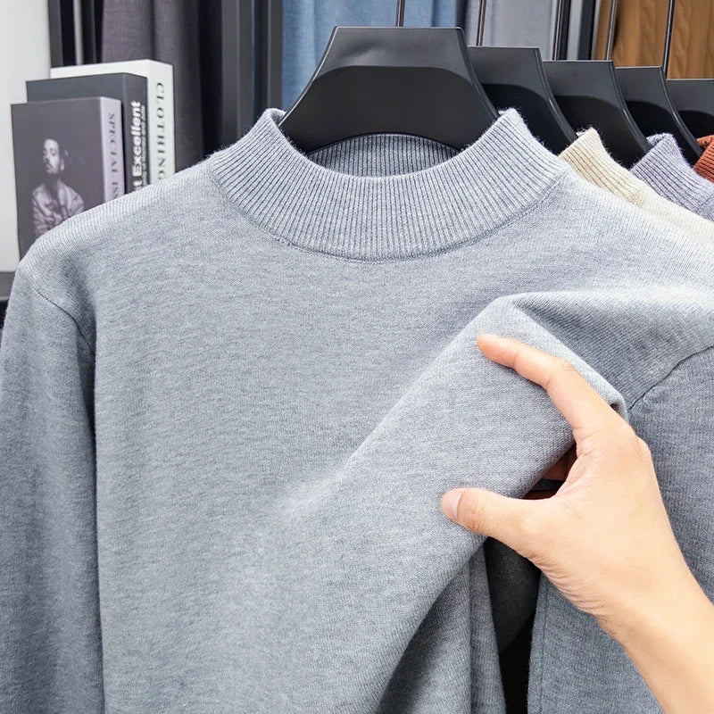 Suéter de punto de medio cuello alto para hombre, jersey de Color sólido con cuello simulado, sudadera informal de Otoño/Invierno, ropa de marca para hombre