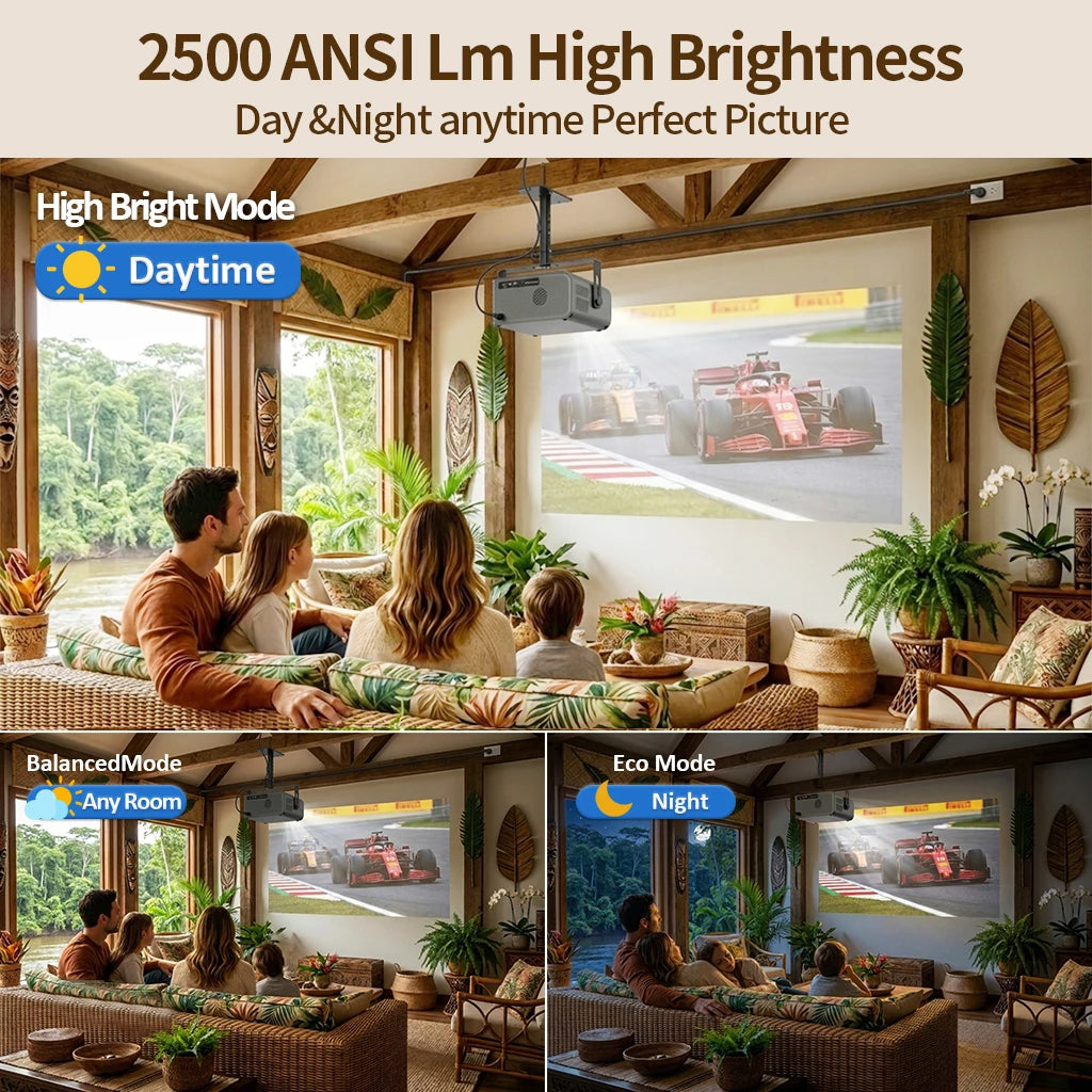 Proyector 4K 2500ANSI Full HD 1920*1080P HDR10+ Google Play WiFi6 Altavoz HiFi BT5.4 con DVB-T2/ATSC/IDSB-T TV Digital Gratuita