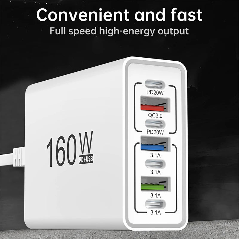Cargador Rápido 160W 7 Puertos USB y USB-C, QC3.0, Pared Universal