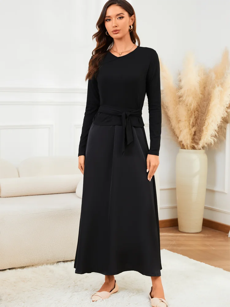 VEITCHE 2025 moda mujer vestido largo traje de algodón con cuello en V Top de punto con cinturón + falda larga de tirantes de Color sólido satinado