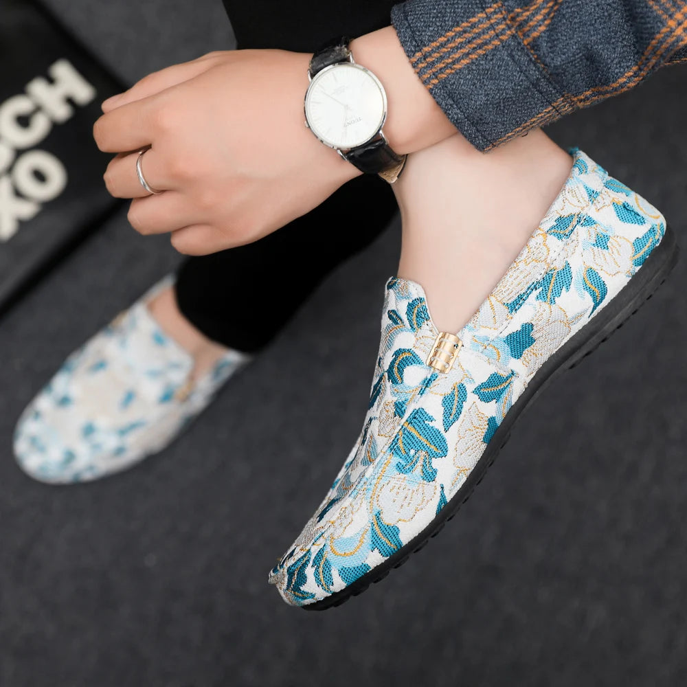 Zapatos Casuales Florales para Hombre | Estilo Mocasín Azul y Blanco