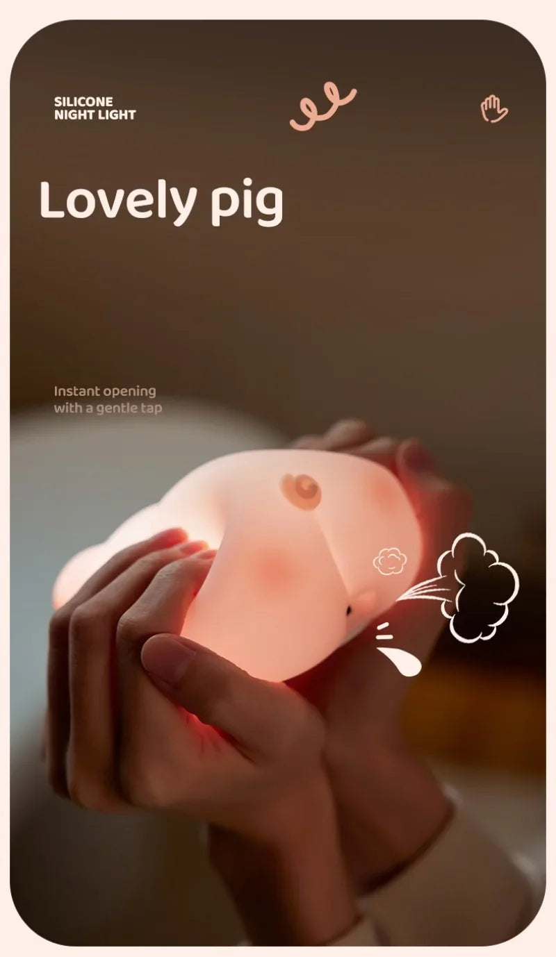 Luz nocturna de cerdito rosa, bonita luz nocturna de silicona, lámpara LED Pat, decoración de habitación, carga USB, lámpara de ambiente interior, regalo para niños