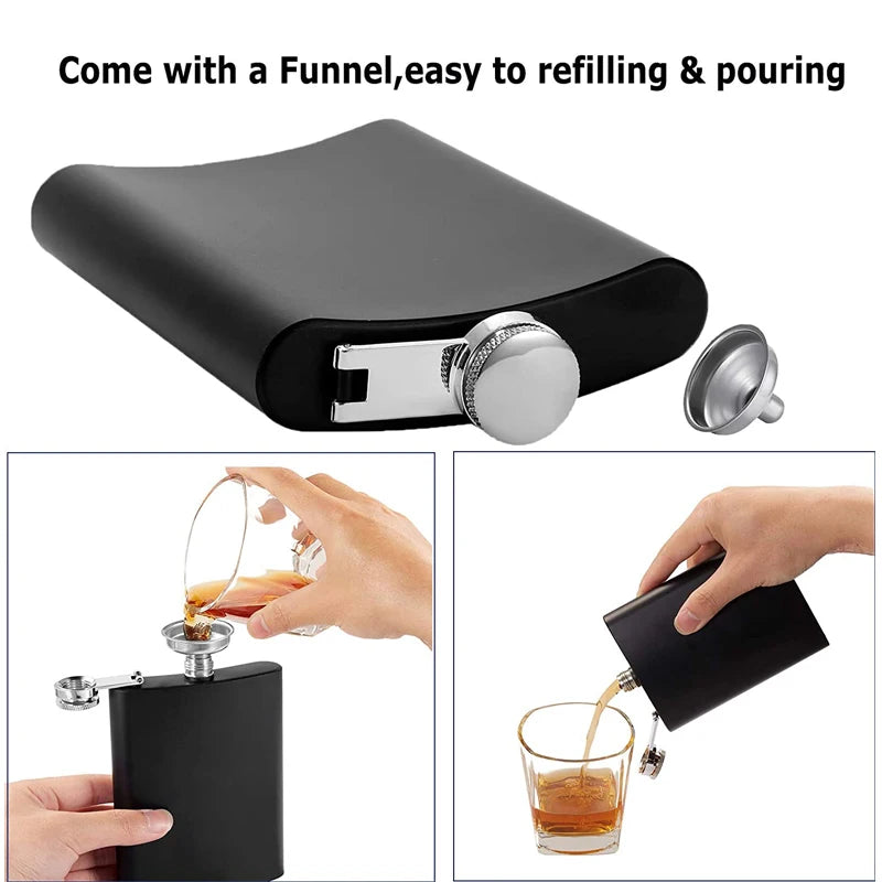 LMETJMA Matraz de cadera negro mate para licor, acero inoxidable, a prueba de fugas con embudo, juego de matraz para beber whisky KC0454
