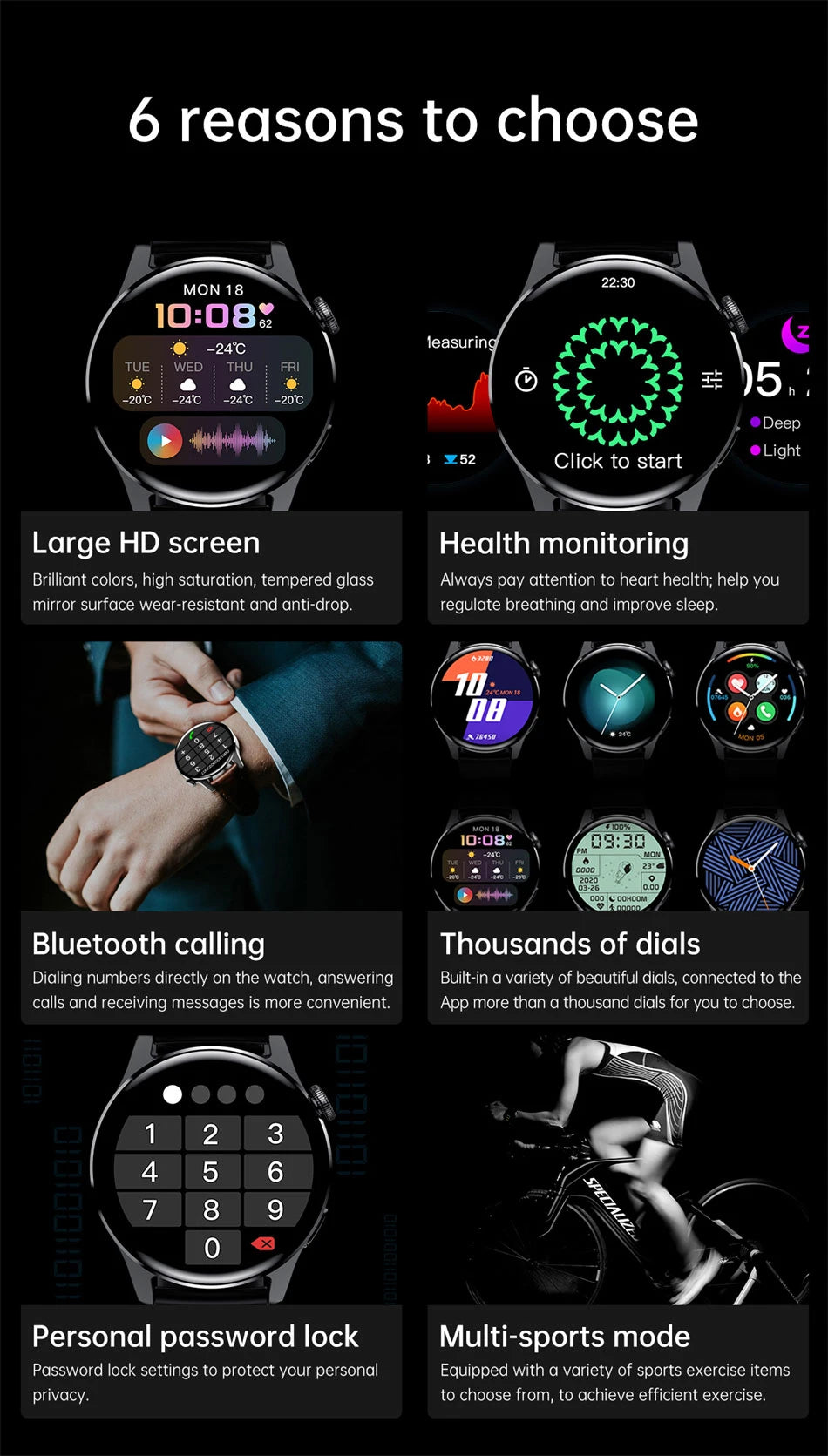 Smartwatch LIGE hombre, llamadas Bluetooth, pantalla AMOLED, resistente al agua