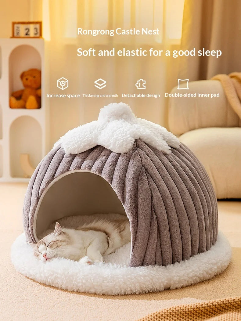 Cama para Gatos de Felpa Semicerrada con Capucha - Cálida y Lavable