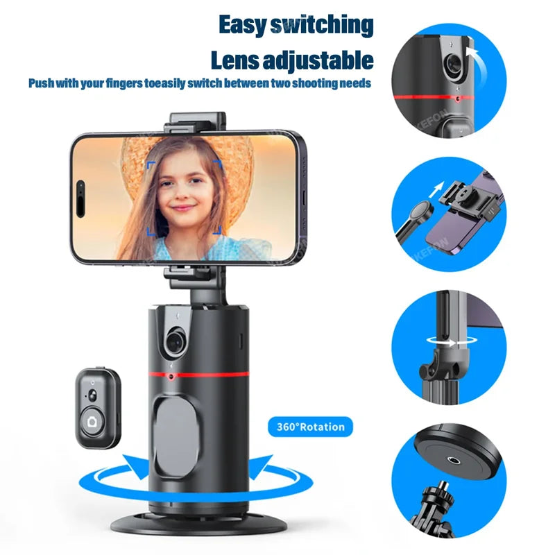 Soporte para Teléfono de Escritorio P02 con Seguimiento Facial 360 °   Gimbal Giratorio Automático para iPhone 16 15 Samsung S23 Xiaomi, Palo Selfie de Mano
